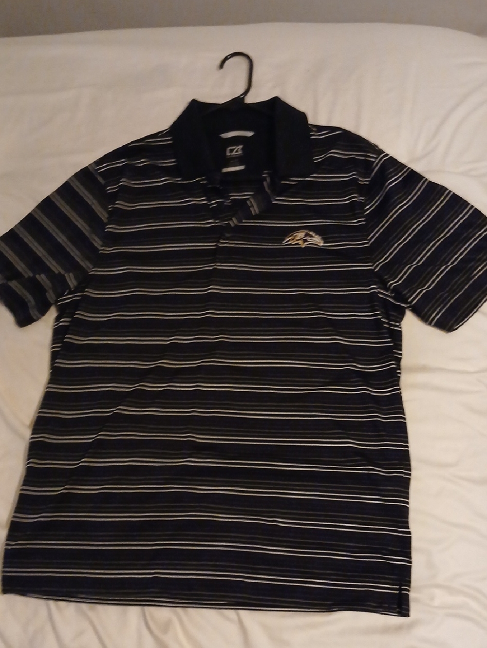 Cutter & Buck Black Striped Polo with Gold Logo Accent
